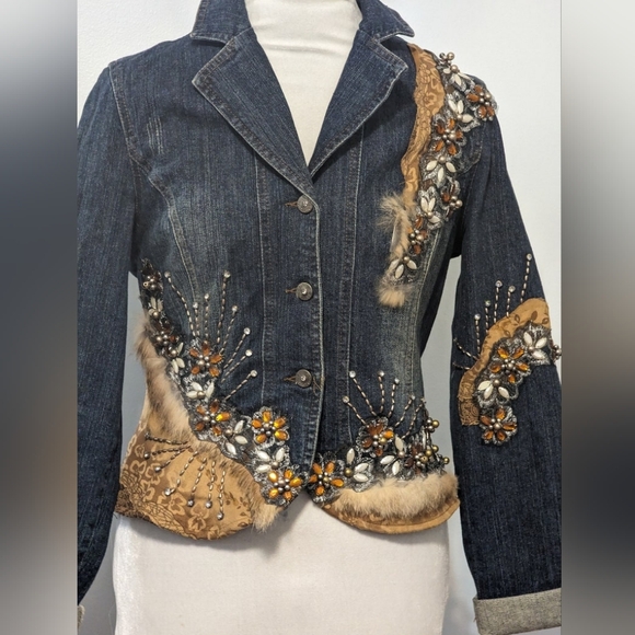 Embellished Denim Jacket by WEST 36th with Fox Fur Trim, Beaded Rhinestone - Picture 3 of 12
